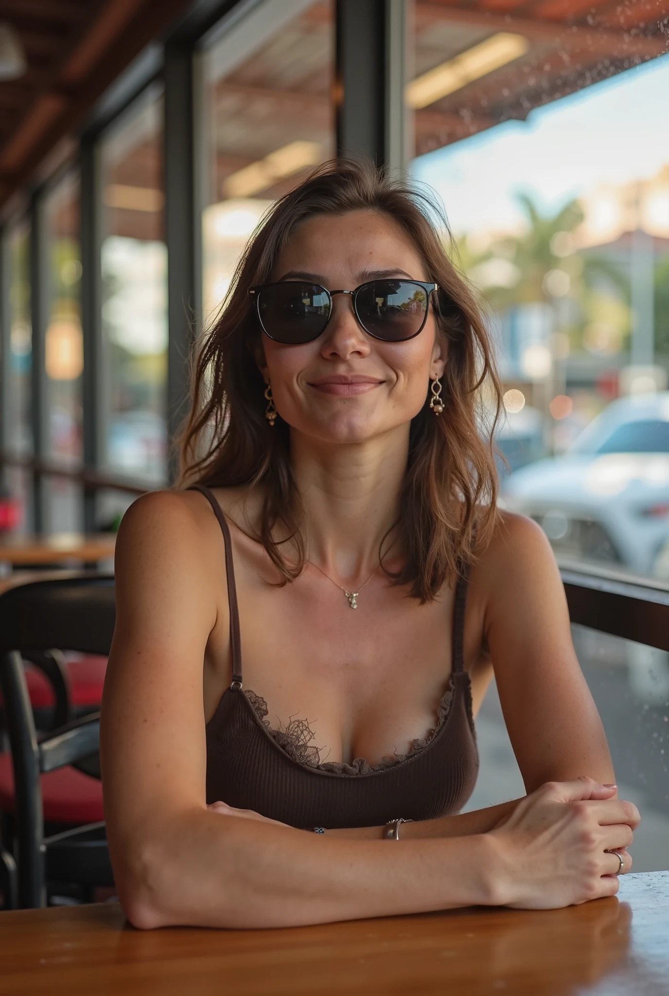 Femme charmante, 45 ans, souriante, cheveux longs brun, maillot de bain, gros seins, on the edge of the river, mince 