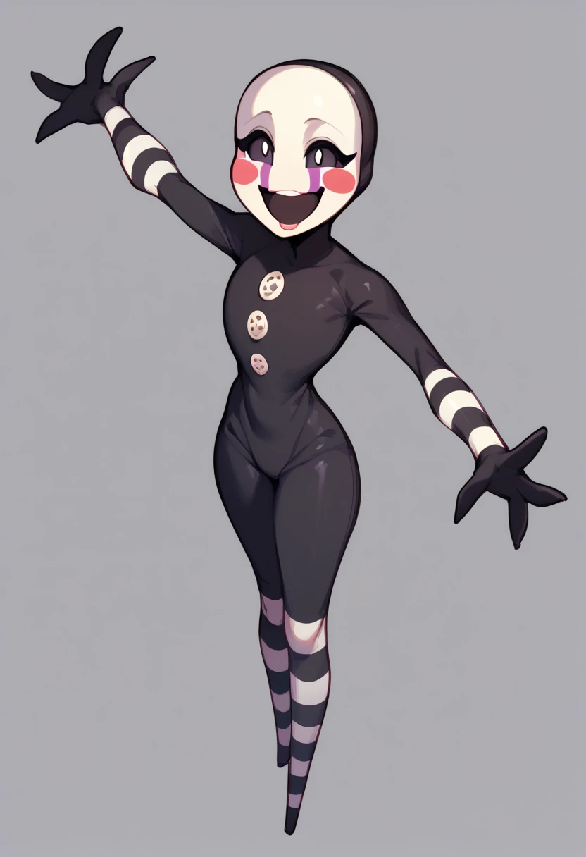 beautiful slender girl, black and white stockings, black eyes with white dots, monochrome black and white stockings on her hands, large breasts, black clothes, tight black latex, white hair, a lush ponytail on her head, purple tears, pink lips, pink cheeks, doll, puppet, puppet fnaf