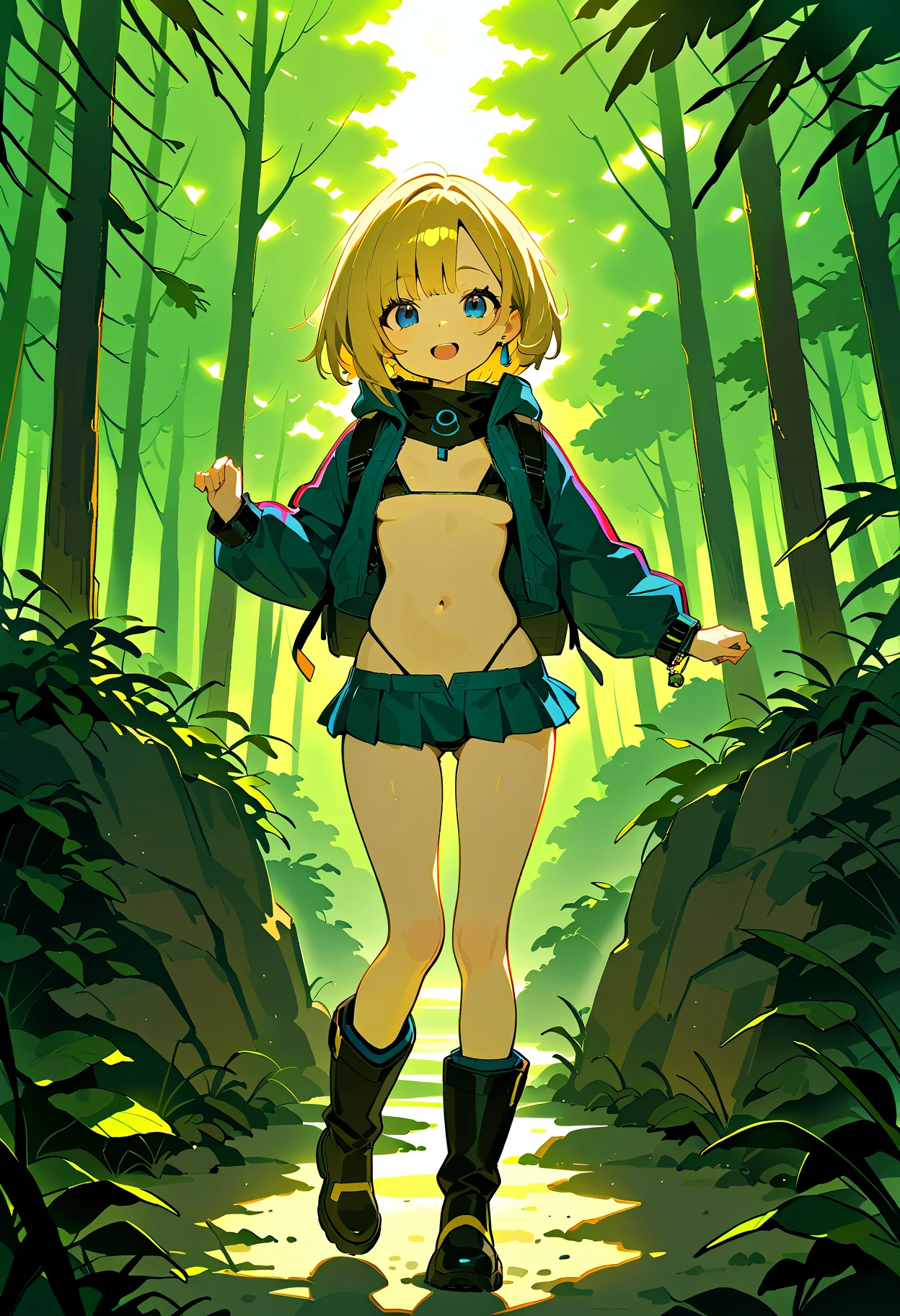 (Masterpiece, best quality, high resolution, perfect anatomy), (extremely detailed face) (beautiful detailed eyes), (1 woman),(dark skin:1.2), (blond short hair, with a asymmetrical bob), tall stature, (toned, slender), huge breast, (blue eyes), (black triangle bikini, micro bikini, Low Rise Bikini), Armature, looking at viewer, (smile:1.2)(happy:1.2), perfect lighting, cinematic lighting, dynamic lighting, open mouth, (skin fang),(Fantasy-style black knight commander's cloak), (worn black iron leg armor), there is a small stream running through a forest with a tree, magical fantasy forest, magical forest background, fantasy forest landscape, enchanted magical fantasy forest, there is a waterfall in the middle of a forest, fantasy forest landscape, fantasy forest, fantasy art landscape, fantasy forest environment, fantasy forest background,