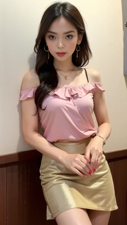 8K, masterpiece, RAW photo, highest quality, realistic, extremely detailed CG unity 8K wallpaper, Depth of bounds written, cinematic light, Lens flare, ray tracing, (very beautiful face, beautiful lips, beautiful eyes), face with intricate details, ((super dense skin)) 1 girl, in the dark, deep shadow, pretty asian girl, Idol, 1 girl, (very slim slender fit-muscled body:1.3), ((looking at the viewer)),(big smile:1.3), (tight lace blouse), ((hot pink color blouse)), (V-neck short sleeve) , (city night, dark night, (blurred background), dim light, cityscape, roof, beautiful earrings, bracelet, necklace, pantyhose, clear eyes, (white skin), (Big eyes), look forward, ((upper body shot)), ((Silk Red Color Skirt)),(brown hair),((Tight-fitting skirt )), (looking at the viewer:1.3), open chest, (very slim), medium breasts, (laced stockings ),((Laced ups and downs)), ((camel toe)), updo hair, short hair