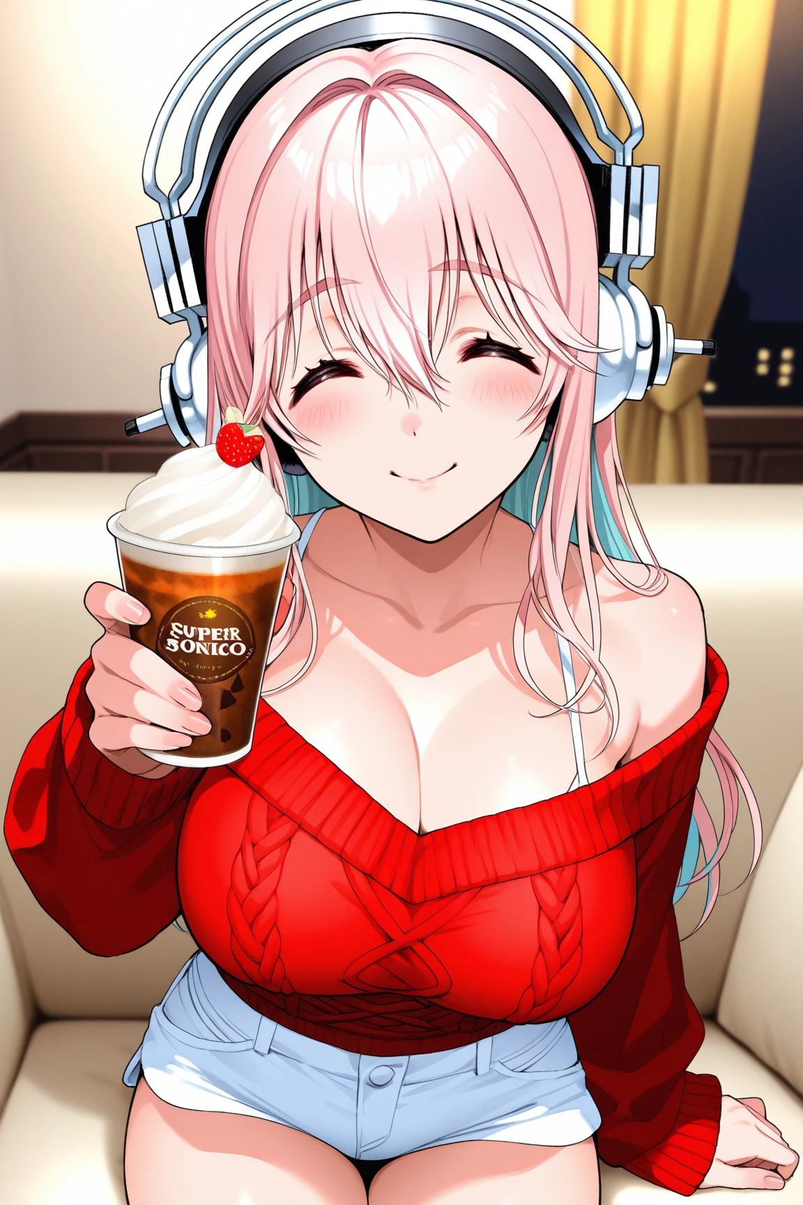 (realistic,photo-realistic:1.37), high-resolution (4k, best quality), The realistic portrayal and photorealistic rendering techniques intensify the lifelike quality of the image, making it a true masterpiece, her eyes are even and both deep with color and detail. super sonico is showing her nude tits with big pink nipples, sonico has a glass of milk and has milk on her boobs and face,she is surrounded by cows
