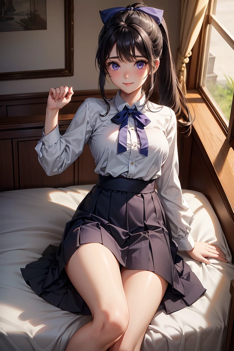 very cute and beautiful girl,(highly detailed beautiful face),white blouse,cute ribbon, pleated plaid mini skirt,dynamic angle,perfect hands, (skirt lift,white panties),(smile),blush,looking at viewer,black hair, european antique living room,gorgeous furnitures, (best quality,masterpiece:1.2),absurdres,highres,ultra-detailed,extremely detailed,32k,8k resolution, intricate details,cinematic scene,detailed background,solo,