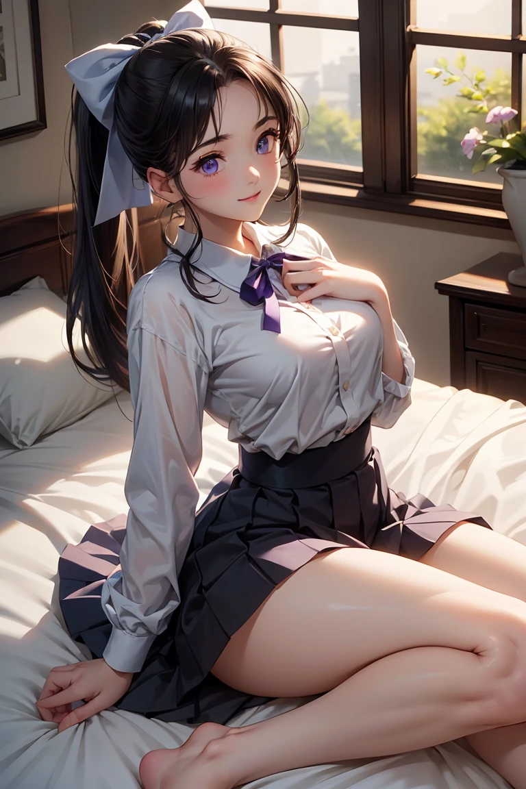 very cute and beautiful girl,(highly detailed beautiful face and eyes:1.2),
smile,blush,(white school blouse,ribbon),black hair,twin braid,sitting,spread legs,
pleated plaid mini skirt,white panties,antique hotel bedroom,gorgeous furnitures,
(best quality,masterpiece:1.2),intricate details,extremely detailed,highres,solo,
cinematic lighting,dynamic angle,