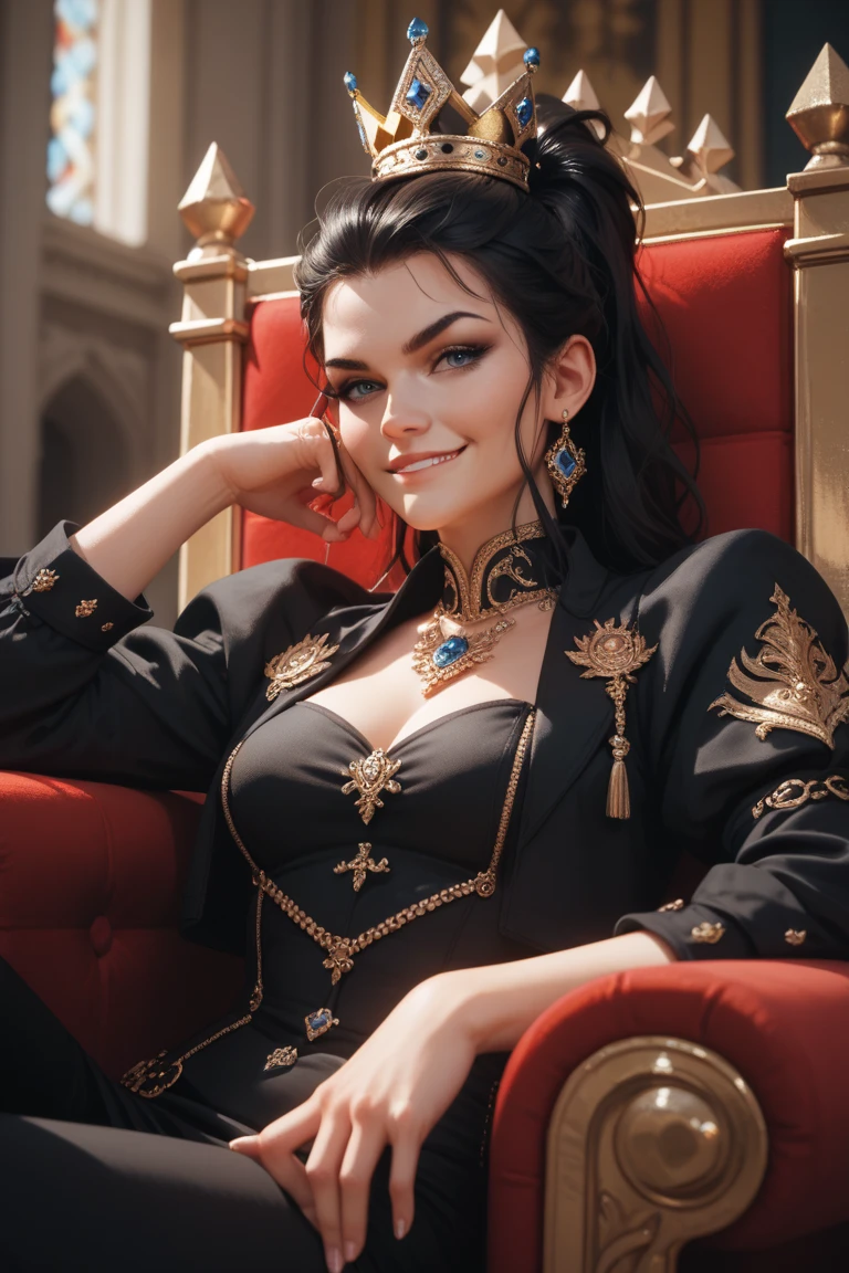 mulher muito bonita, rosto arredondado, thick lips, Red lips, Etnia europeia, cabelo preto, olhos azuis gostosa sentada em um trono de luxo 