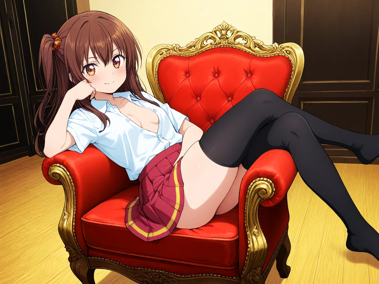 mizuharachizuru, tmasterpiece，high quarity，Real Photographics），intricate-detail，Fantastic atmosphere，Colorful effects，Pure and beautiful girl，Delicate and detailed face and eyes，Delicate Makeup，Clavicle，black lence stockings，Short skirt with a sense of design，（（Sexy）），domineering sitting posture，Spread your legs apart,Thong Panties，palace background，I'm smiling at you, ​masterpiece, Top image quality, hight resolution,　8K, 独奏, Colossal tits, A MILF、Short blouse, Latina,  Jumping Window, frombelow, Both thighs are exaggerated, obscenity, a bed, undergarment, hard breathing, Sex Expressions, Open legs