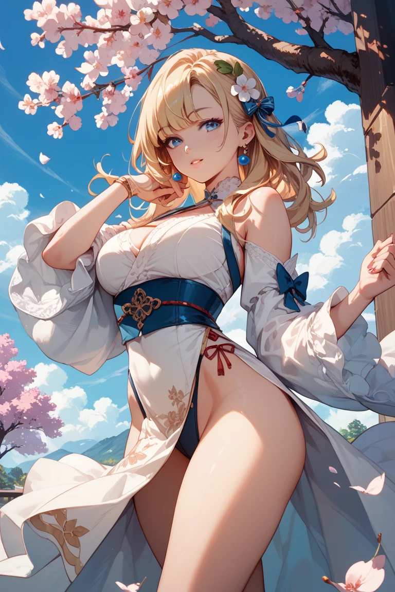 (top-quality、8K)、Precise depiction、a picture、One beautiful blonde American woman、38 years、Film actress、Sleeping in a snow-white bed、No Underwear、Spread your legs wide from side to side、Show off the inside of the thigh、You can see the whole body、Yukata gets wet with sweat and sticks to the skin、1 white thin see-through yukata、very large breast、The color and shape of the tip of the chest is visible 、You can see the color and shape of the areola、Looks a lot of pubic hair、The entire chest shows through