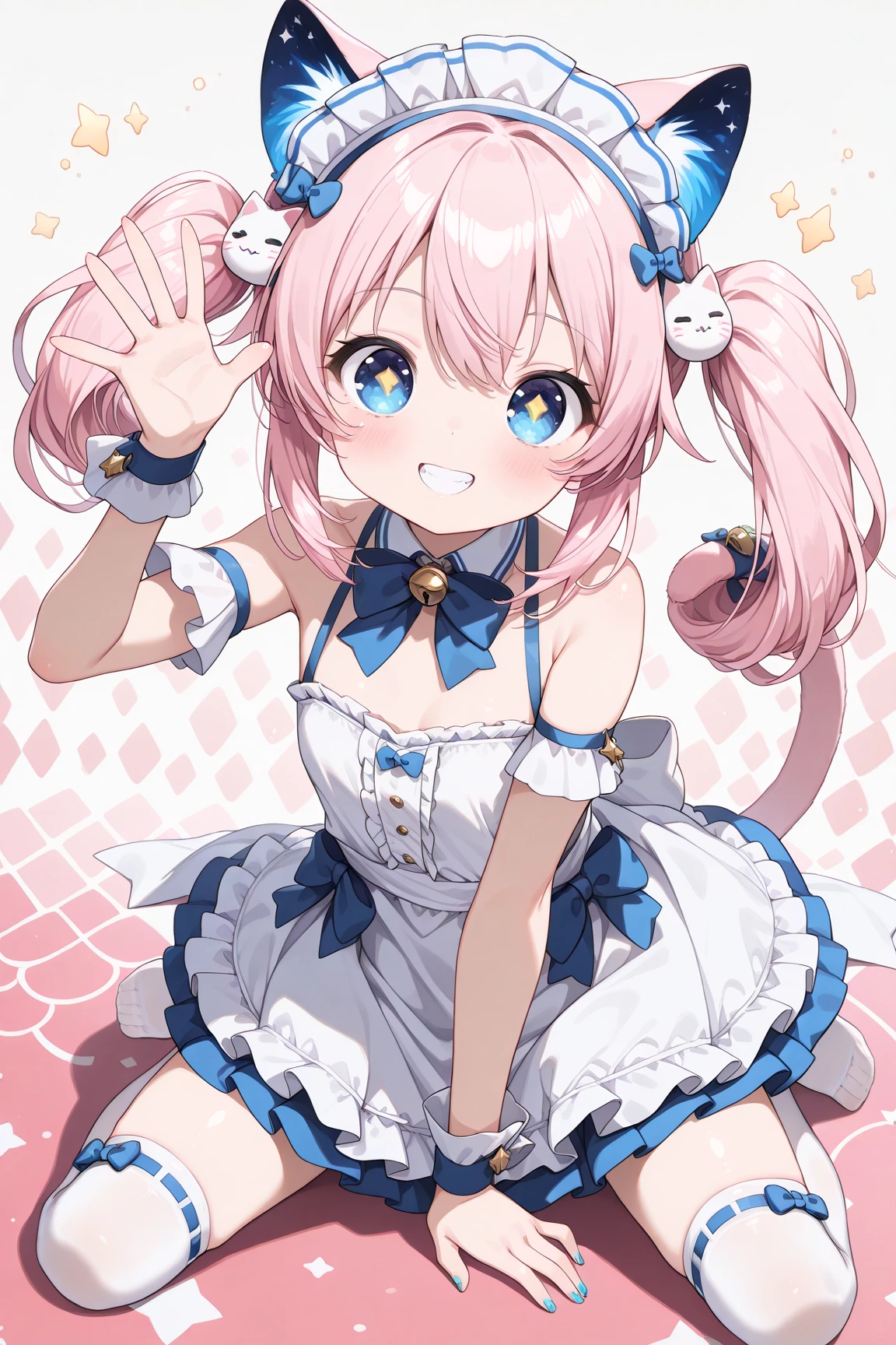 girl,((It's a Small World:1.3)),smile,Princess style from the fairy tale world,alice in wonderland,cheshire cat,close up of face,(polka dot background:1.2),red and white and pink and yellow,(look up:1.3),(NSFW),(Plump cleavage)
