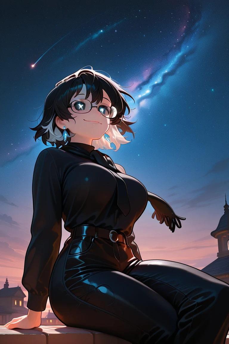 Sarada, absurdres, masterpiece, Yin Yang background, ground, swirling Detailed eyes and face, long eyelashes, full body, 1girl, solo, nude, nude shoulders, nude arms, sarada uchiha, short hair, black hair, black eyes, choker, smile, looking at the viewer, large breasts, dark lips, standing, sensual pose, blushes, landscape, night, moon and stars, nebula, (better quality), (masterpiece), (ultra-detailed: 1.2), (highres)