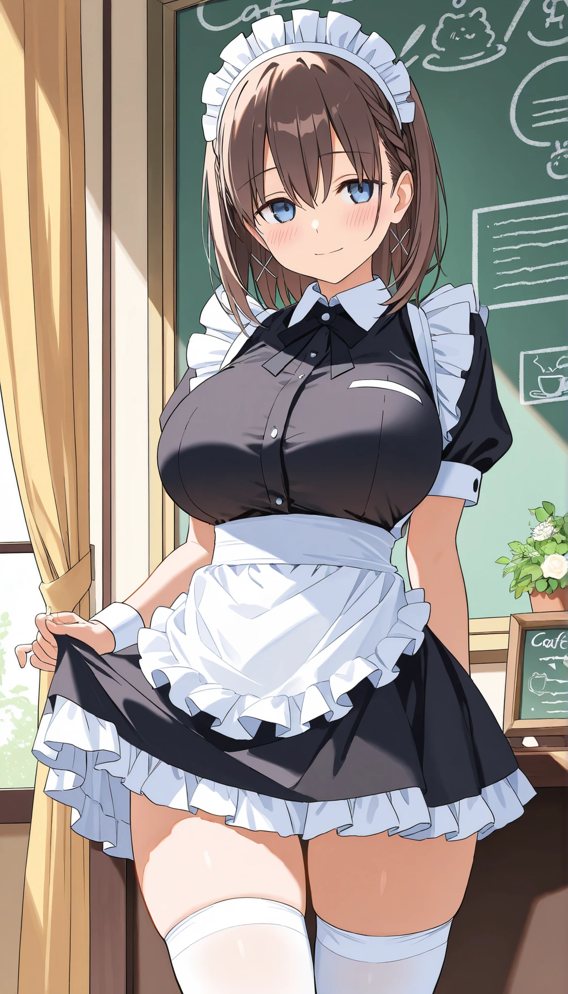 your mother, 1 Girl, Solitary, Large Breasts(((Full and soft breasts,)))(((Huge breasts))) (((Cleavage))) (Perfect curvy figure), Smile, French maid outfit, Ruffles, apron, High Leg Raise, perfect quality, high quality, masterpiece, Human Development Report, Ultra HD 