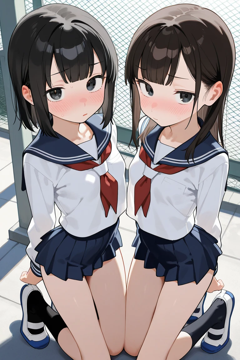 ((Highest quality)), ((masterpiece)), (detailed), 8K White and blue sailor suit ((Wearing socks)) Small tits Pussy Height 120cm Outdoors Half-naked Tits Huge nipples ((Overflowing with love juice)) Drooling, shapely legs, naughty expressions, exhibitionism (((Contains a))) No makeup, demure, short hair (Hairstyle: Side tail, ponytail, or twin tail) ((Precise CG)) Anime face, small girl, visible uterus, short torso, shopping street, holding adult toy, standing, showing anus, spreading ass, soaking wet, sloppy face (((A girl being trained by another girl))) Two Girls