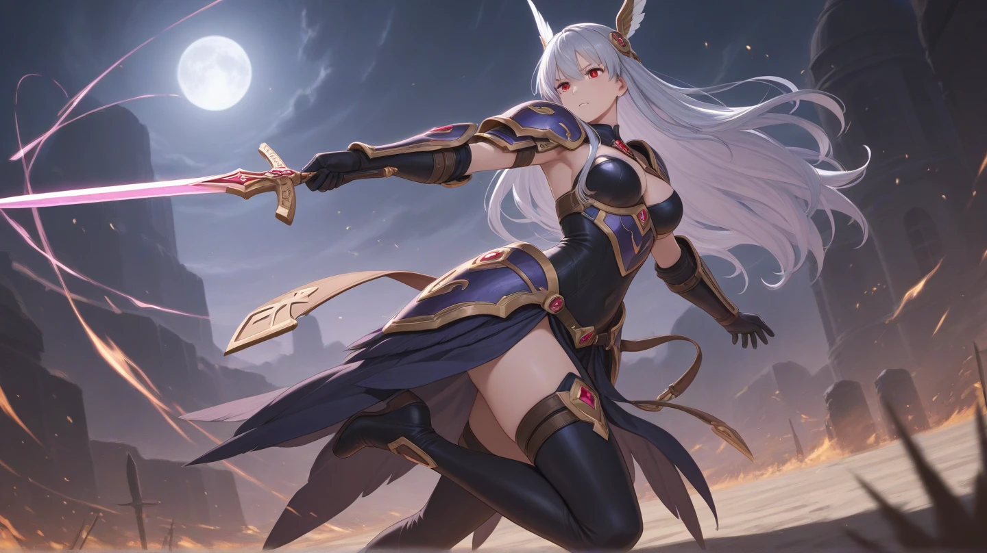 fantasy, 1devil_girl, low_teen, platina_blond_hair,long_bangs,, bare_shoulder, navel out, thighhighs,silver_armor, red_clothes,waist_armor, Glebe, hold_swords, large_breasts, dynamic_flying_pose,Floating,(pelvic_curtain:1.3), silver_Headgear ,looking_down_at_snight_city_sky_background,,slightly_spread_legs, some_swords,some_swords_floating_around_the_girl,solo,horn ,smile,,open_legs,open_arms,rise_knee,rise_leg,rise_thigh,rise_leg,forward_leaning_posture,apart_legs,fang,Shiny_gold_eyes,crotch