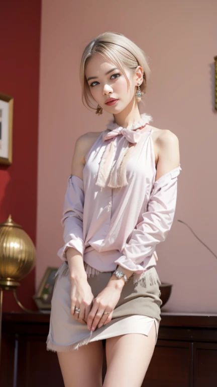 1. **hair**:
- Color: pink.
- Length: shoulder length.
- Form: hairstyle with straight hair, slightly wavy at the ends, with short straight bangs.
2. **Head and face**:
- Oval shaped face.
- Eyes are big, with purple irises.
- Facial expression is calm and confident.
3. **cloth**:
- Main part: white dress with high collar.
- Details: the dress is decorated with red and gold elements, with flower patterns.
- Sleeves: wide, long, with red trim and white patterns.
- Belt: decorated with gold and purple elements.
- The bottom of the dress is divided into two parts at the front, revealing red shorts.
4. **accessories**:
- Gold jewelry on the head, like horns or wings.
- Drop earrings with gold and red elements.
- On foot: Platform sandals, with white straps and gold jewelry.
5. **General style**:
- cloth и аксессуары имеют традиционный восточный стиль, Maybe, with elements of Japanese culture.
The girl looks elegant and sophisticated, with a distinctly aristocratic style.