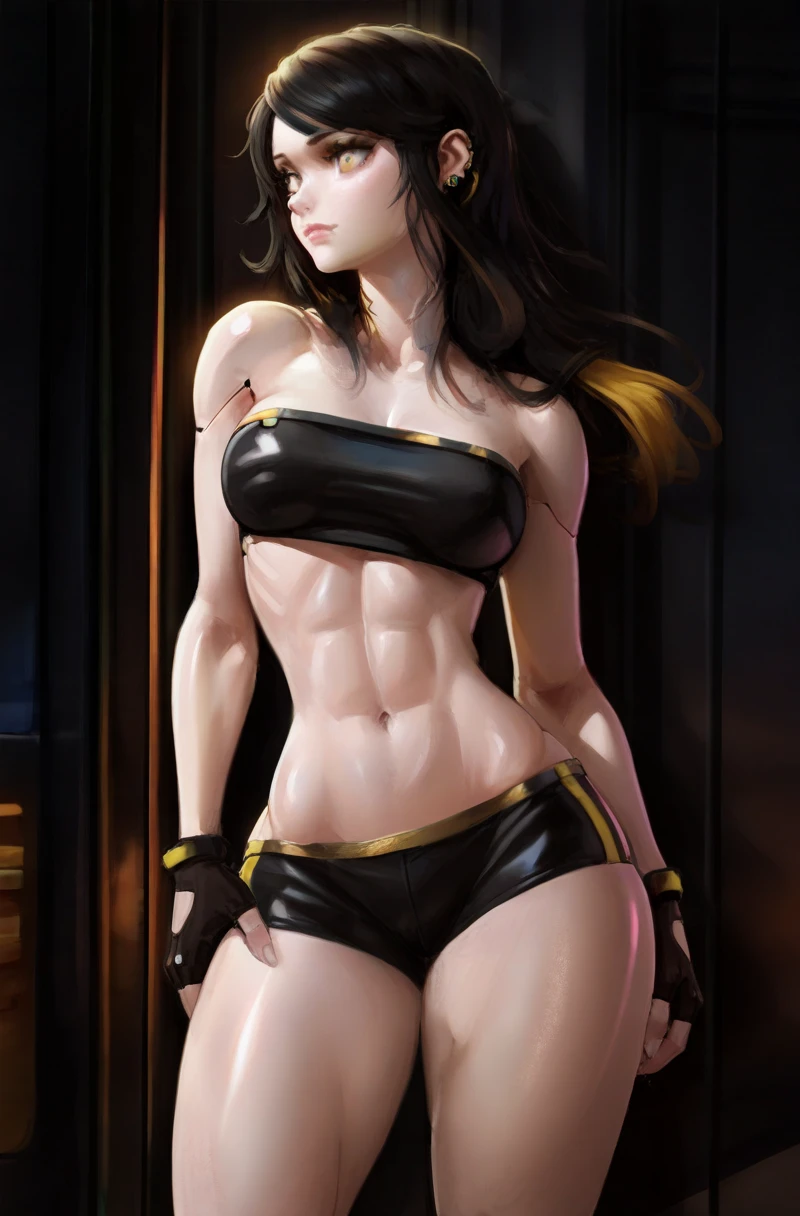 Realistic Huang Tingting, Delicate messy short black hair, medium shot  , delicate skin, detailed body, muscular, alone, Wearing Glitter Latex Glitter Red Leather Low Rise Pants, Huge big breasts, Thick thighs, wide hips, muscular手臂, there are many, bulging veins in the body, vein, muscle veins, abdominal muscles, Thick thighs, blue eyes, natural skin texture, 迷你背心露出纤细abdominal muscles, skin glowing, skin glowing, wet skin, soak, skin glowing, oily skin, in the mediterranean, high contrast, Realistic skin, skin pores, intricate details, black background, high contrast, Realistic skin, skin pores, intricate details, RAW photos, , glossy lips, sweet lips, nice nose, Lifelike rendering, immersive atmosphere, chiaroscuro, Moody light, perfect female body, Realistic skin, skin pores