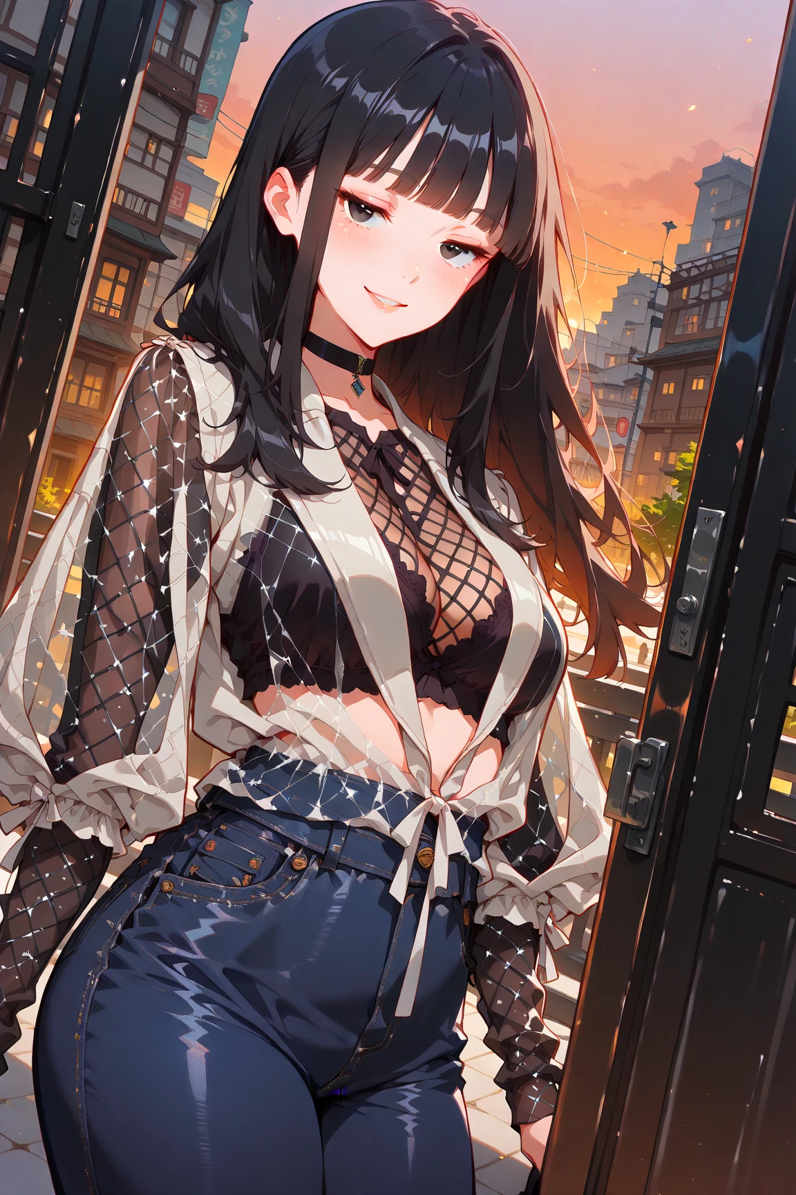 ((Midnight, Best quality, 8k, Masterpiece :1.3)), Whole body, Long legs, Sharp focus :1.2, A pretty woman with perfect figure :1.4, Slender abs :1.1, ((Dark brown hair, Big breasts :1.2)), (White tight tshirt, Jean bib, Standing:1.2), ((Night city view, Rooftop:1.3)), Highly detailed face and skin texture, Detailed eyes, Double eyelid