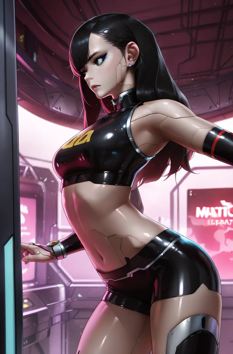 (best quality:1.2,highres,ultra-detailed), detailed face and body of Yuri from The Dirty Pair, stunning Asian beauty, expressive brown eyes, luscious lips, long flowing black hair, (skimpy yellow outfit), (revealing cleavage), confident and sexy pose, (cyberpunk-inspired city background), neon lights illuminating the scene, vibrant colors, (futuristic and edgy atmosphere), stylish and sleek architecture, dynamic angles and composition, (sci-fi and anime fusion), perfect balance between beauty and strength