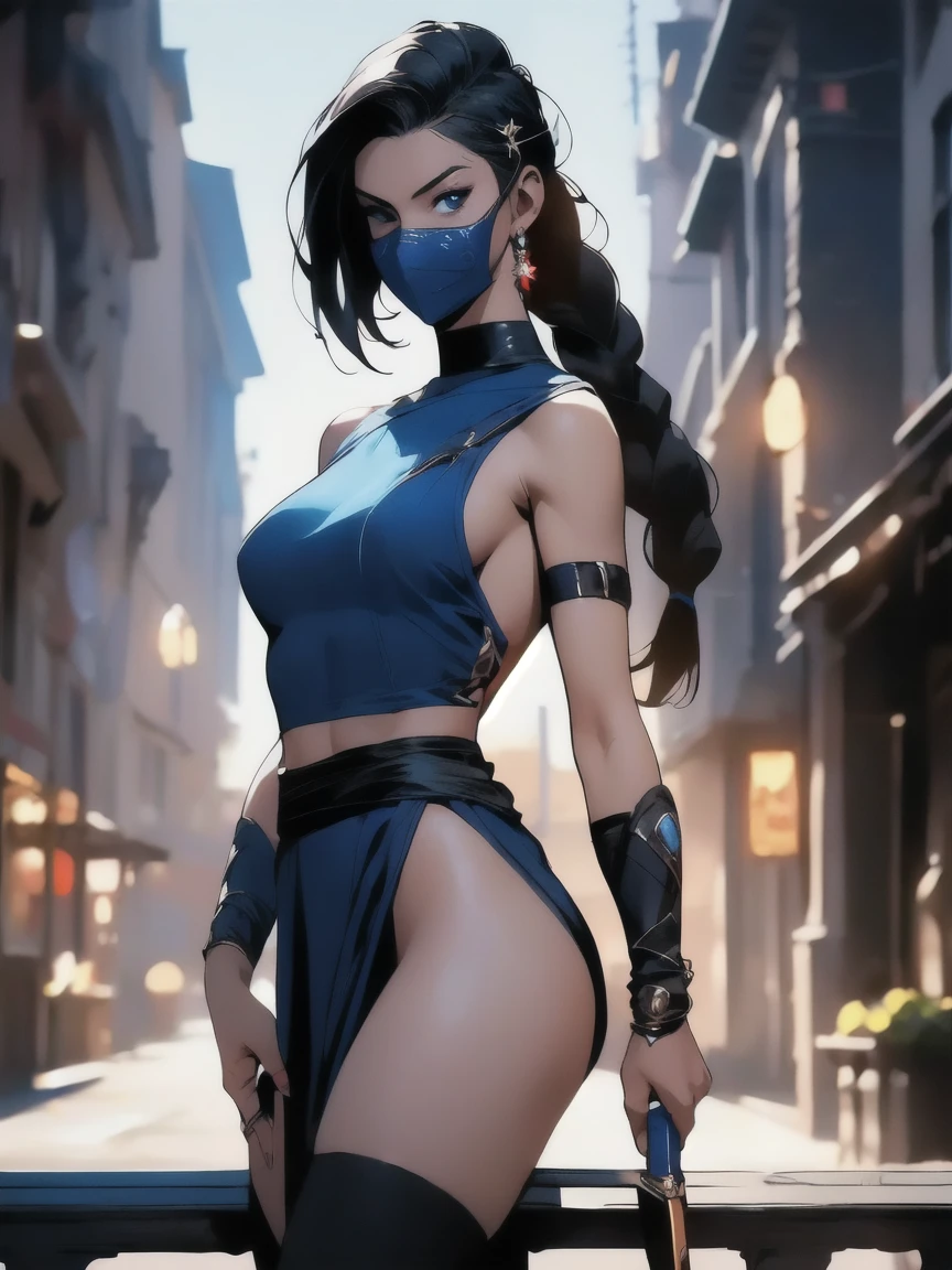 from back, (masterpiece), best quality, expressive eyes, perfect face, highres, (ultra details), 1 girl, solo, kitana, braid, thighhighs, hair ornament, eyeshadow, breasts, mask, armor, shoulder armor, elbow gloves, standing, Buddhist temple background, upper body,portrait, looking at the viewer, posing, ass