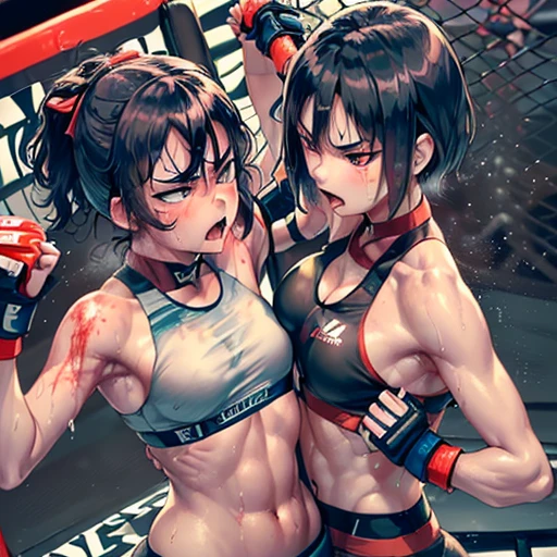 Two beautiful high school girls mixed martial artists covered in blood。fighting violently。Suffering from damage。Mouth open and dripping blood。With one eye closed, it seems painful。Fighting inside the Octagon。I'm soaked in sweat。open finger gloves。sports bra。bikini。erect nipples。black hair short cut。