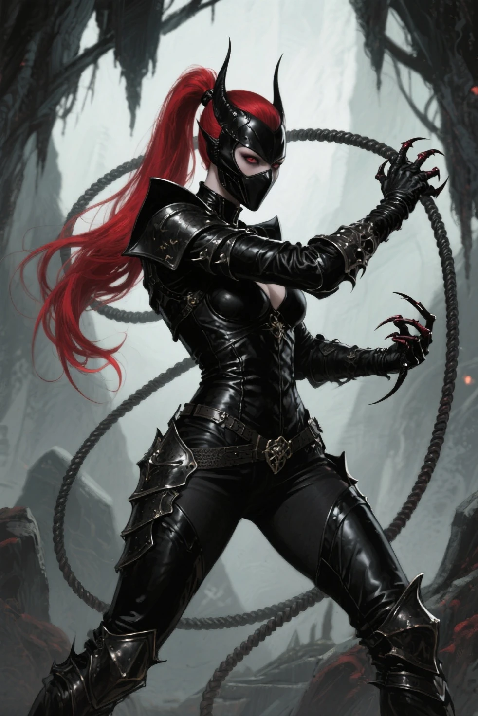 (1girl, she_spawn), (extremely detailed CG unit 8k wallpaper),(master part), (best quality), (ultra detail), (best illustration),(Dan Mumford style), cowboy shot, (Sharp eyeliner, ombre, detail eyes), dark dungeon interiors background, ,break , (vamptech),green eyes,no pupils, cape, thigh boots, multicolored clothes, gloves, bodysuit, chain, domino mask, spikes, black cape, red hair, shoulder armor, open jacket,skull