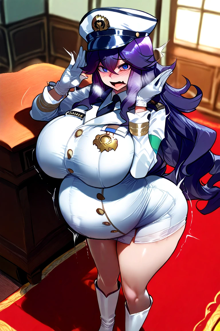 Blue eyes detail standing alone, stick to body ((Muscle Girl)) Fit body,Huge breasts(((Large Breasts、Breast sagging、Low-cut,Cleavage,Wide hips,)))((Long legs)),blue eyes,thick purple hair,Thick fair skin, Wearing a crown, Technology White Coat