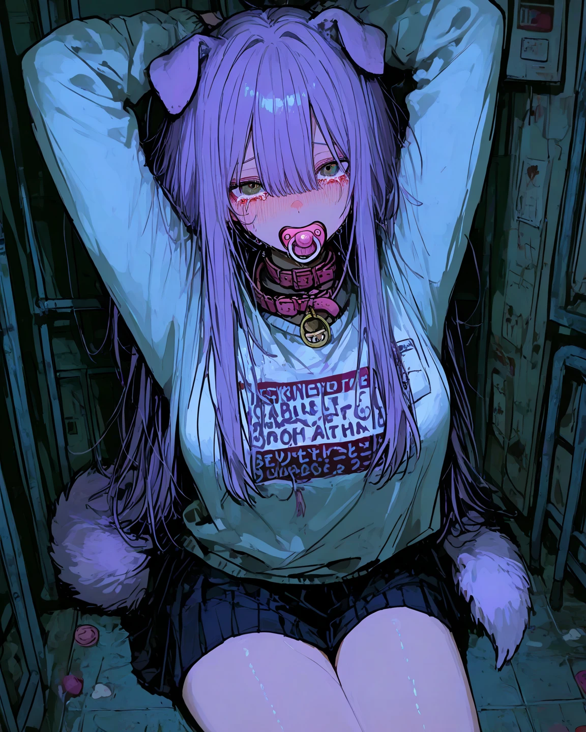 <lora:748cmSDXL:1>, best quality, masterpiece, 748cmstyle, 1girl, purple hair, twintails, hugging own legs, sneakers, choker, bandaid on leg, shoes, white jacket, sitting, bandaid on knee, black shorts, hair bow, pink eyes, blush, ear piercing, off shoulder, blue tank top, hair between eyes, black footwear, knees up, chain, hair ornament, long sleeves, earrings, full body, jewelry, collar, looking at viewer, bare shoulders, sad, short shorts, jacket partially removed, fence