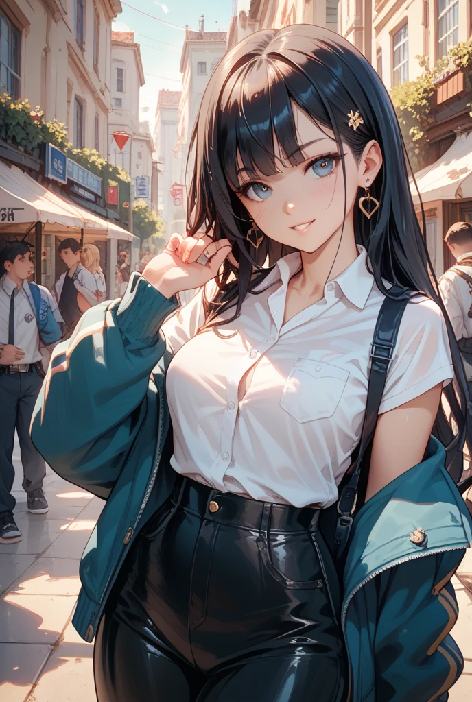 you like it, Umi Sonoda, Long Hair, Blue Hair, (Yellow Eyes:1.5) (Flat Chest:1.2),Blue Tank Top,Heart Necklace,Skinny jeans,Stiletto heels,happy smile, smile, Open your mouth,Walking,Daytime,Clear skies,whole bodyがイラストに入るように,
break outdoors, Building district, break looking at viewer,whole body,
break (masterpiece:1.2), Highest quality, High resolution, unity 8k wallpaper, (figure:0.8), (Beautiful attention to detail:1.6), Highly detailed face, Perfect lighting, Highly detailed CG, (Perfect hands, Perfect Anatomy),