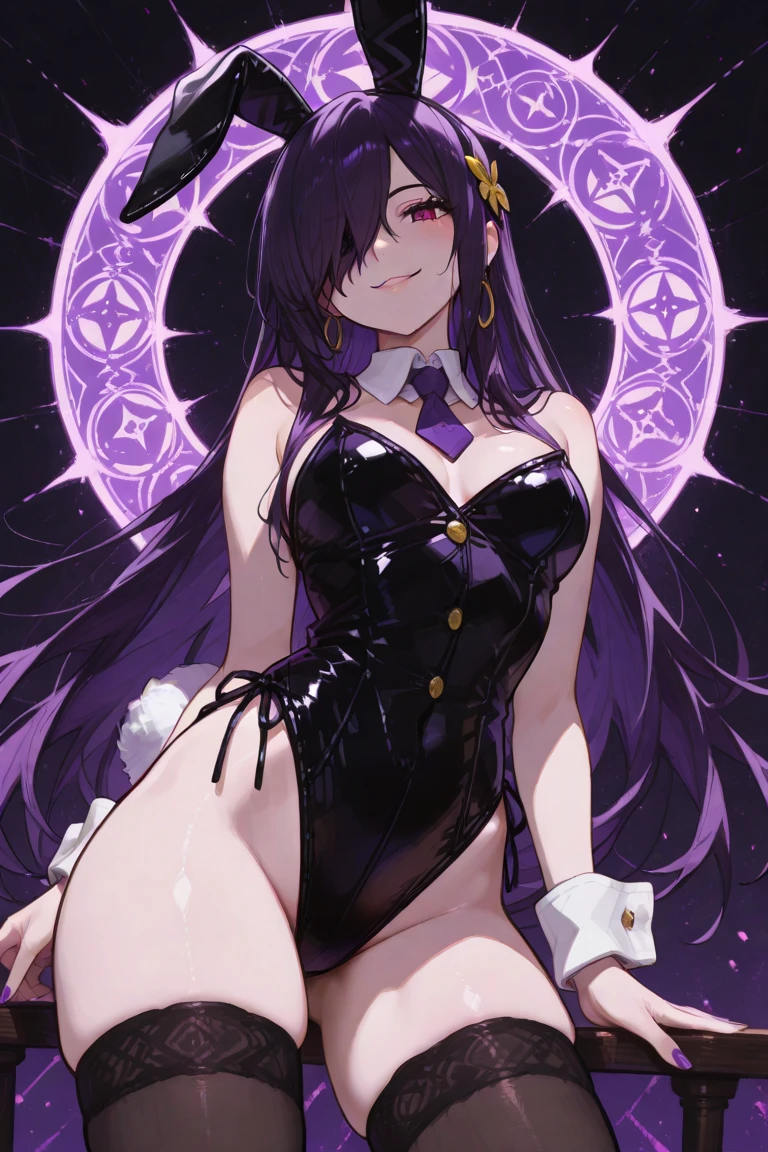 (Masterpiece), Best Quality, ultra-detailed, 1girl( mona_tpa, mcdonald's, purple hair, aqua eyes, empty eye, small breasts), blank face, parted lips, solo, nose blush, blush, witch hat, stairs, shrine, lens flare, star_(symbol) pantyhose(torn), pussy, highly detailed, absurdres, indoor, night time, floor, straddle, sitting on floor, hands up, spread legs, Sexy waist teasing, come-on, temptation , love juice flows out of her pussy