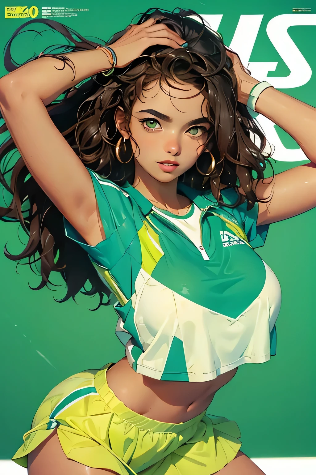 nsfw, (masterpiece:1.2, best quality), (magazine cover), (colorful Magazine cover with lots of text), brilliant colorful paintings, Comic cover style, glamorous, seductive, stylish, chic, high-fashion, alluring, elegant, trendy, fashionable, radiant, head-turner, dazzling, sophisticated, stunning, dramatic, bold, Brazilian model with sun-kissed skin color, perfectly round and perky 700cc enhanced breast, ((wearing a neon yellow micro bikini)), ((at a pool background)), (highly detailed:1.2)