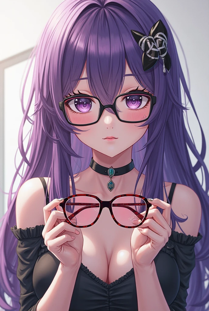 (masterpiece, best quality, ultra-detailed), AresiaOC, violet eyes, burgundy hair, twintails, glasses, all fours, looking at viewer, naughty face, blush