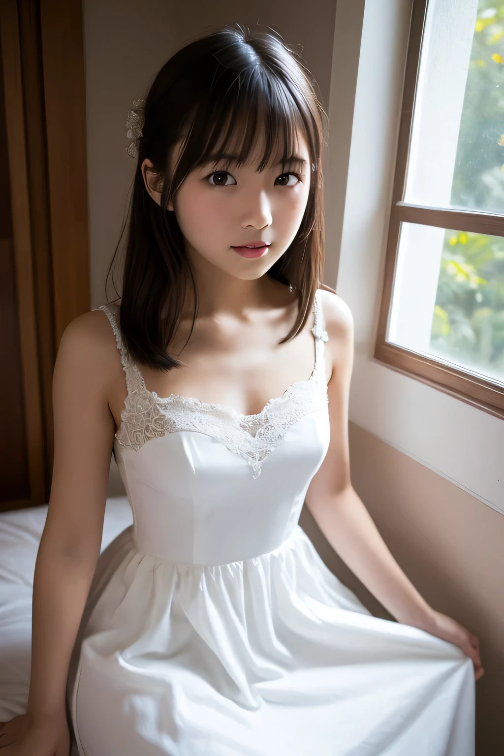 (Best-quality, Masterpiece, Ultra-High-Resolution, (Photorealistic:1.4), Raw Photo, depth of field, professional lighting, perfect anatomy, extremely details), 1girl, 13-years-old, the most famous Japanese idol, cowboy shot, ((In Adorable room, Adorable decor, detailed Adorable-room, detailed Adorable-decor)), (((wearing cute-lacy clothes with cute-design)), (extremely cute face like the most popular Japanese idol, (extremely cute and extremely big childish-eyes), extremely cute childish-skins), extremely cute childish-hair, extremely cute childish-eyelashes, extremely cute childish-lips, extremely cute childish-body, looking at viewer, innocent smile, dynamic pose