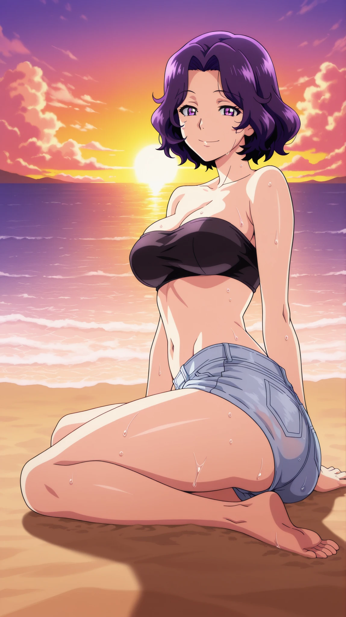 BREAK looking at viewer, BREAK (masterpiece:1.2), best quality, high resolution, unity 8k wallpaper, (illustration:0.8), (beautiful detailed eyes:1.6), extremely detailed face, perfect lighting, extremely detailed CG, (perfect anatomy), beach,sun, clouds,ocean, palms, sunset, azusa hamaoka, short hair, purple eyes, purple hair, parted bangs, mature female, breasts, anime screencap,navel, cleavage, bare shoulders,short jeans shorts, collarbone, midriff, strapless, bandeau, tube top, strapless bra,sitting in sand,full body shot,in middle,horny,happy,wet,wet clothes,soft skin,on all fourth,photo from behind,from back,showing ass,