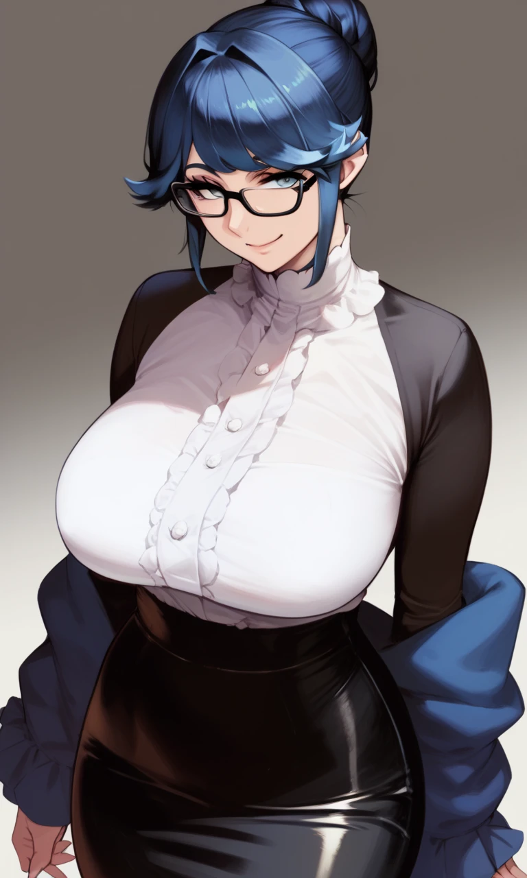 very young slim fit girl, full height, rounded face, (disheveled dark blue hair:1.5), (very short hair:1.4),(big yellow eyes:1.5), shy smile, perfect medium breast, look at you, (ahoge:1.4), (megane:1.3), elegant tight dress, very long dress with slit, tight dress, sexy dress, very long fit leg, 21thshirow, narrow hips, hold hands behind back