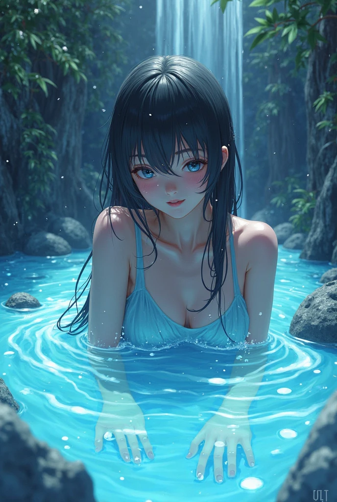 masterpiece, best quality, casual outfit, colorful hair, outdoor,upper body, colorful summer clothes, ((fully clothed)), warm clothes, wet clothes, soaked, drenched, excited, wet hair, wet and slimy, water up to her chest, submerged, translucent, fantasy environment, fantastical, vivid colors, varied poses, detailed green eyes,