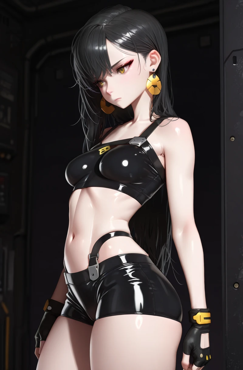 solo, 1girl, (masterpiece), ((14 year old appearance)), mohalk punk hair, small breasts, yellow eyes, ((detailed eyes)), (athletic body), (simple black cropped), (simple sexy micro black top with red details), looking at the screen, orange lipstick, visible abs, (high-cut micro thongkini), navel, (collarbone), (cyberpunk scenery background)
