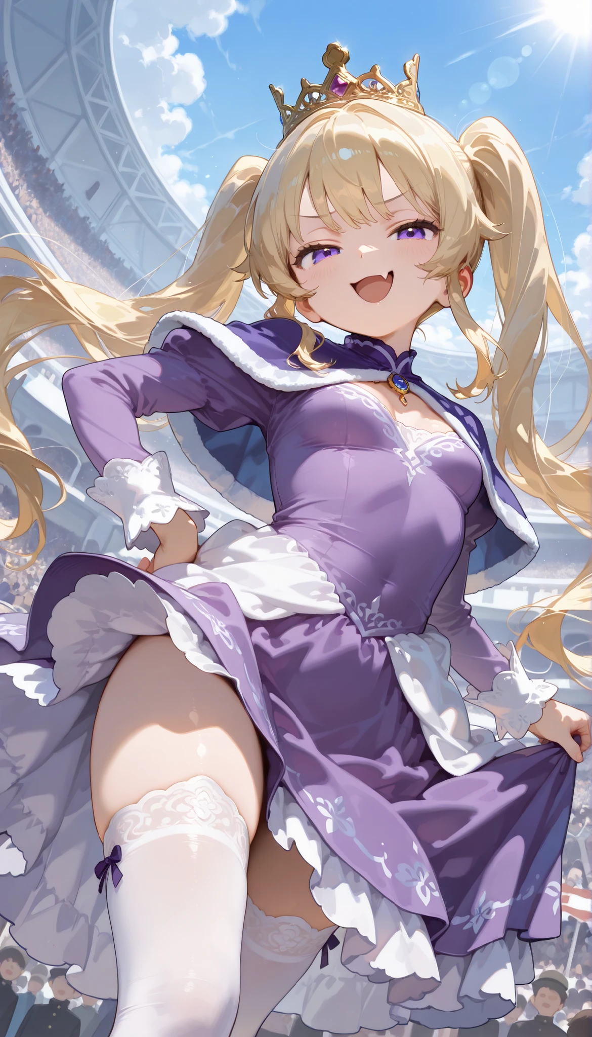 masterpiece, best quality, amazing quality, very aesthetic, high resolution, ultra-detailed, absurdres, 1girl, small_breasts, blonde_hair, violet_eyes, long_hair, capelet, purple_dress, princess, skin_fang, long_sleeves, twintails, white_thighhighs, solo, looking_at_viewer, open_mouth, smug, dynamic angle, from_below, princess, crowd, crown,