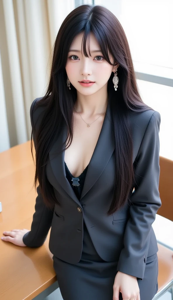 a very wide image of beautiful thai girl has volume light brown and black hair, detail of skin, girl 20 year olds, big breasts:1.2, breasts out:1.2, wearing the deep neck black suit. Full body. Hold the louis vuitton bag. sitting on luxury car, looking directly at camera, cinematic and dramatic movie scene nice bokeh and compose in style of John wick Hollywood movie, sexy pose.
