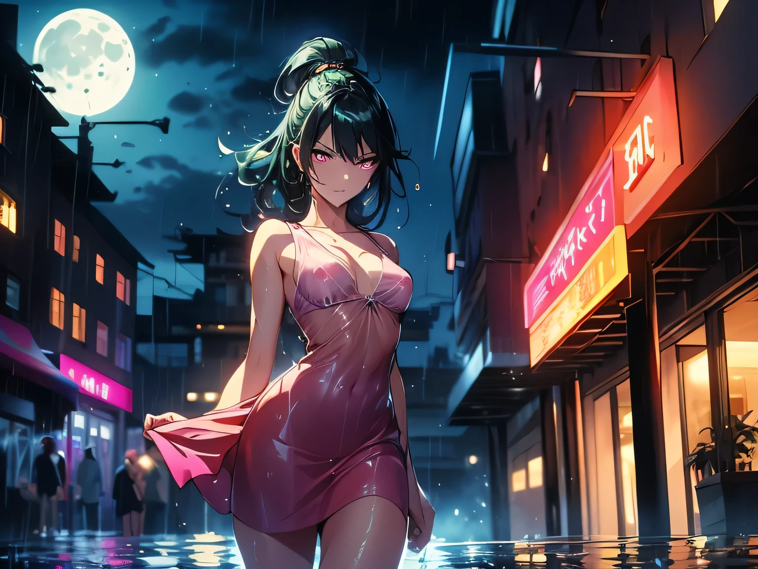 (RAW photo、highest quality)、(realistic、Photoreal:1.3)、highest quality、masterpiece、very delicate and beautiful、A hvery detailed、nffsw、sense of oneness、2k wallpaper、growing up、Beautiful in every detail、masterpiece、highest quality、Hvery detailed ticker Unity 8K wallpapers、huge file size、High resolution、very detailed、(Anatomical drawings:1.5)、(unparalleled beauty:1.55)、(With an expression that has reached sexual climax:1.5)、(pose to reach sexual climax:1.5)、(Wearing the finest underwear)、(wearing a light purple dress:1.3)、(pouring rain:1.55)、(Full body soaked:1.55)、(on the streets of tokyo&#39;downtown at night, full of neon lights:1.4)、(spread your legs:1.4)、18-year-old、medium straight hair、neon light、professional lighting、(look at the audience:1.55)、(from the front:1.55 close-ups)