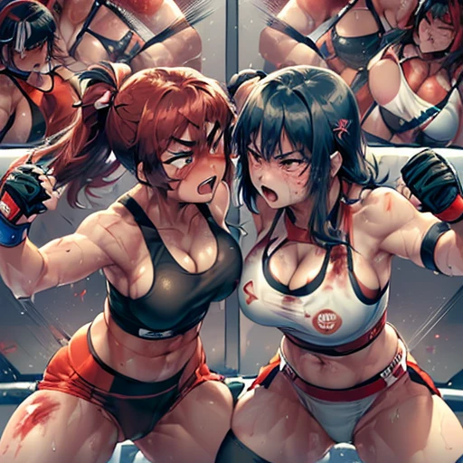 punch, punch, punch. life or death struggle. survival dynamic exciting bloody battle in the octagon ring. whole body picture. two bloody beautiful Japanese young female fighters are looking at each eyes. they are beating each other so hard. They are banging their punches against their opponents. Blood is dripping from their nose. they are covered in scars and bruises. they are damaged terribry. Short-cut black hair, out of breath, drooling from mouth, one eye closed, exhausted, drenched in sweat. Erect nipples. open finger glove. sports-bra, high-leg panty. Stockings. arm-covers. Excellent proportion body.