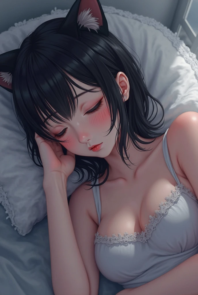 a black cat girl with short black hair, beautiful red lips, wearing a black crop top and black shorts, sitting on a bed against a white background, detailed anime style, highly detailed, 8k, photorealistic, masterpiece, ultra-detailed, hyper-realistic, extremely detailed, vibrant colors, dramatic lighting, cinematic, elegant, beautiful, captivating