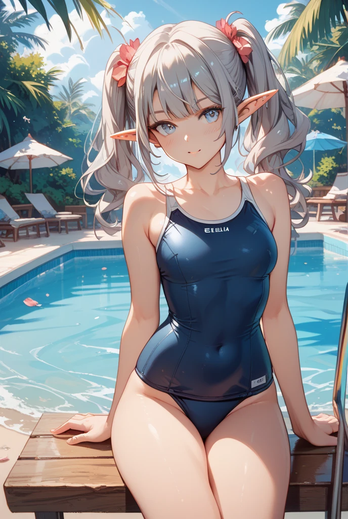 1girl, solo, colored eyelashes, long hair, breasts, looking at viewer, blush, bangs, hair ornament, white long sleeves, navel, cleavage, bare shoulders, medium breasts, sitting, very long hair, purple eyes, collarbone, white swimsuit, white flower, white hair, thighs, small breasts, outdoors, parted lips, horns, day, pointy ears, hand up, hair flower, water, off shoulder, groin, wet, see-through, white one-piece swimsuit, covered navel, arm support, halterneck, white highleg, plant, oni horns, oni, white one-piece swimsuit, white highleg swimsuit, pool, casual white one-piece swimsuit, soaking feet, poolside