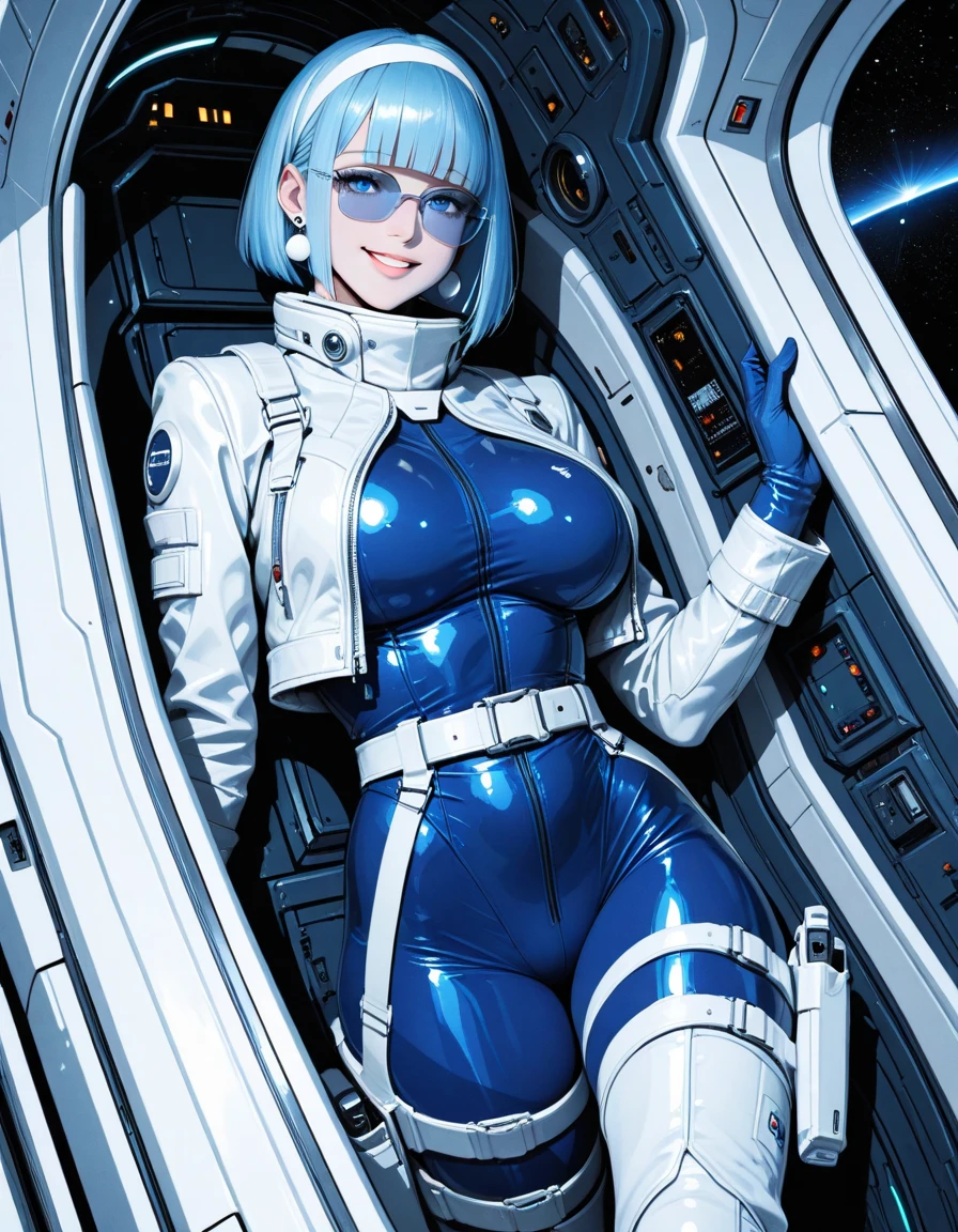 (masterpiece、best quality、Maximum resolution、Clear_image、details): (Full body picture、15-year-old girl、Japanese face、Small face、Thin、Navy Blue Super Short Bob Hairstyle、blue eyes、((Navy long sleeve space suit、Space Helmet))、earphone、Cosmic Tote Bag、Cute、Gentle smile、Soft expression、earphone、(((Knee-high boots)))、Gloves to elbows、Eye level shot、Directly face、Woman on a spaceship), (((Camel toe))), ((Plain white tights))