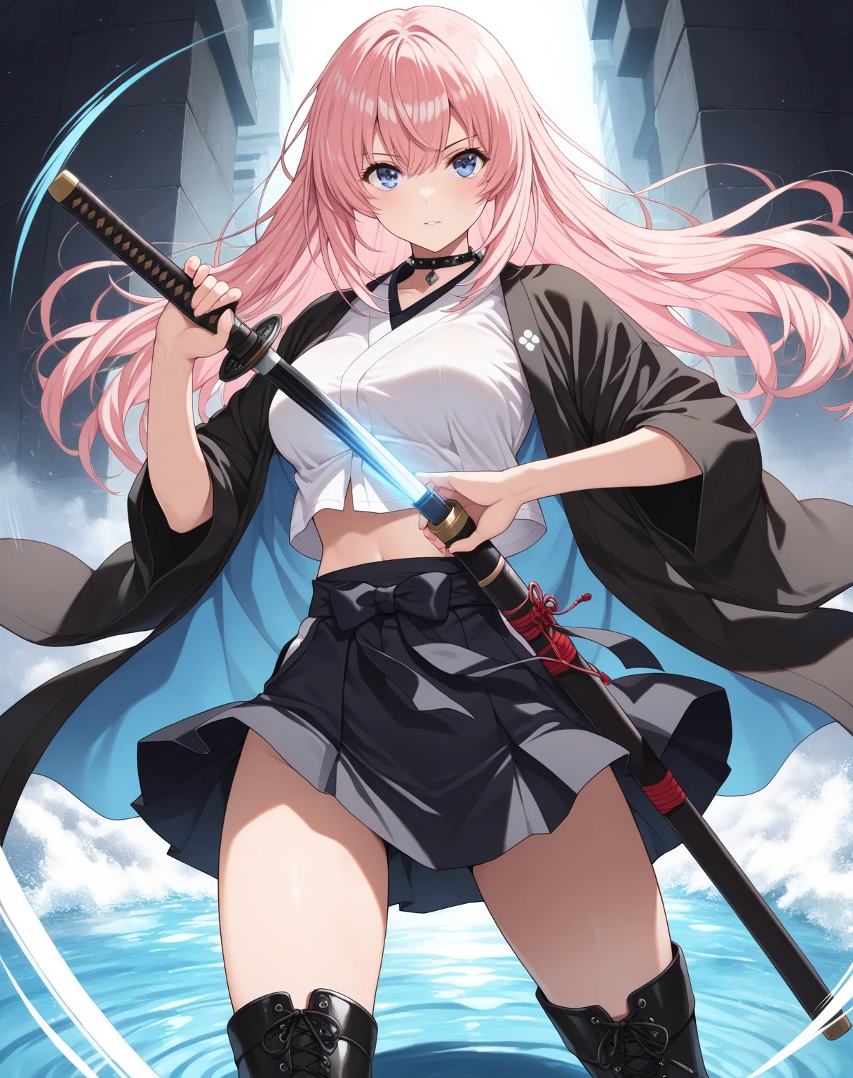 4K,High resolution,one woman,pink hair,short ponytail,green eyes,big breasts,ninja,ninjaの服,side boob,Japanese sword,japanese village