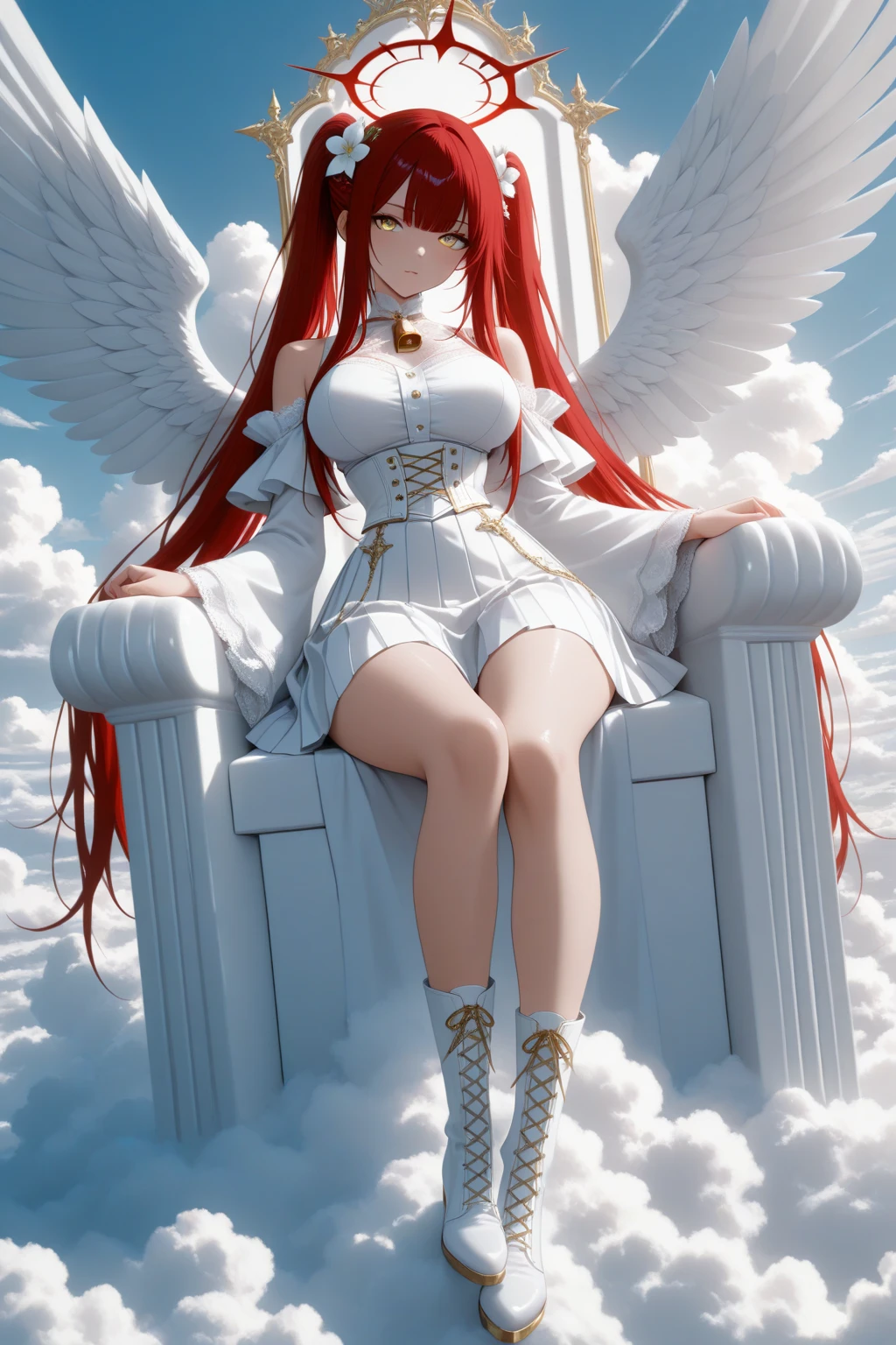 1 girl ,golden eyes , very long hair , long sidelocks, red hair , petite , very cute , beautiful ,Straight hair, cool, handsome, hair ween eyes, , mediumlarge , cool, wings, huge angelwings, halo, beautiful,  flower crown, white vintage Pleated crop blouse with bell sleeves and  shoulders, long white skirt with ruffles, white heeled boots, white gloves, Delicate belt chains with feather jewelry, white theme, sky , leg ribbon,  solo, full body, half lying, Clouds throne, sitting on Clouds throne, big huge Clouds throne, A throne of clouds, huge big curly twintails, in the air,  ((dynamic angle)), dynamic pose, outdoors, nature,  masterpiece, best quality, amazing quality, very aesthetic, 8k, HDR, cinematic, 