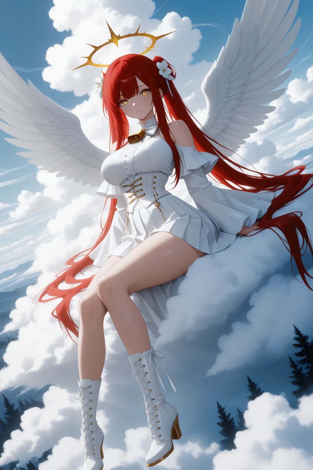 1 girl ,golden eyes , very long hair , long sidelocks, red hair , petite , very cute , beautiful ,Straight hair, cool, handsome, hair ween eyes, , mediumlarge , cool, wings, huge angelwings, halo, beautiful,  flower crown, white vintage Pleated crop blouse with bell sleeves and  shoulders, long white skirt with ruffles, white heeled boots, white gloves, Delicate belt chains with feather jewelry, white theme, sky , leg ribbon,  solo, full body, half lying, Clouds throne, sitting on Clouds throne, big huge Clouds throne, A throne of clouds, huge big curly twintails, in the air,  ((dynamic angle)), dynamic pose, outdoors, nature,  masterpiece, best quality, amazing quality, very aesthetic, 8k, HDR, cinematic, 
