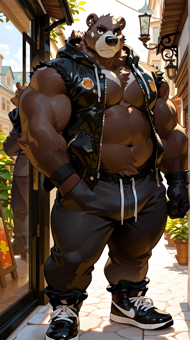barret, dark skin male with arm and tattoo, bulk , sunglasses, shirtless ,  (( micro-thong:_Pattern_designs_thongs_perspire_massive pec_Get wet all over your body)) , full body , black boots