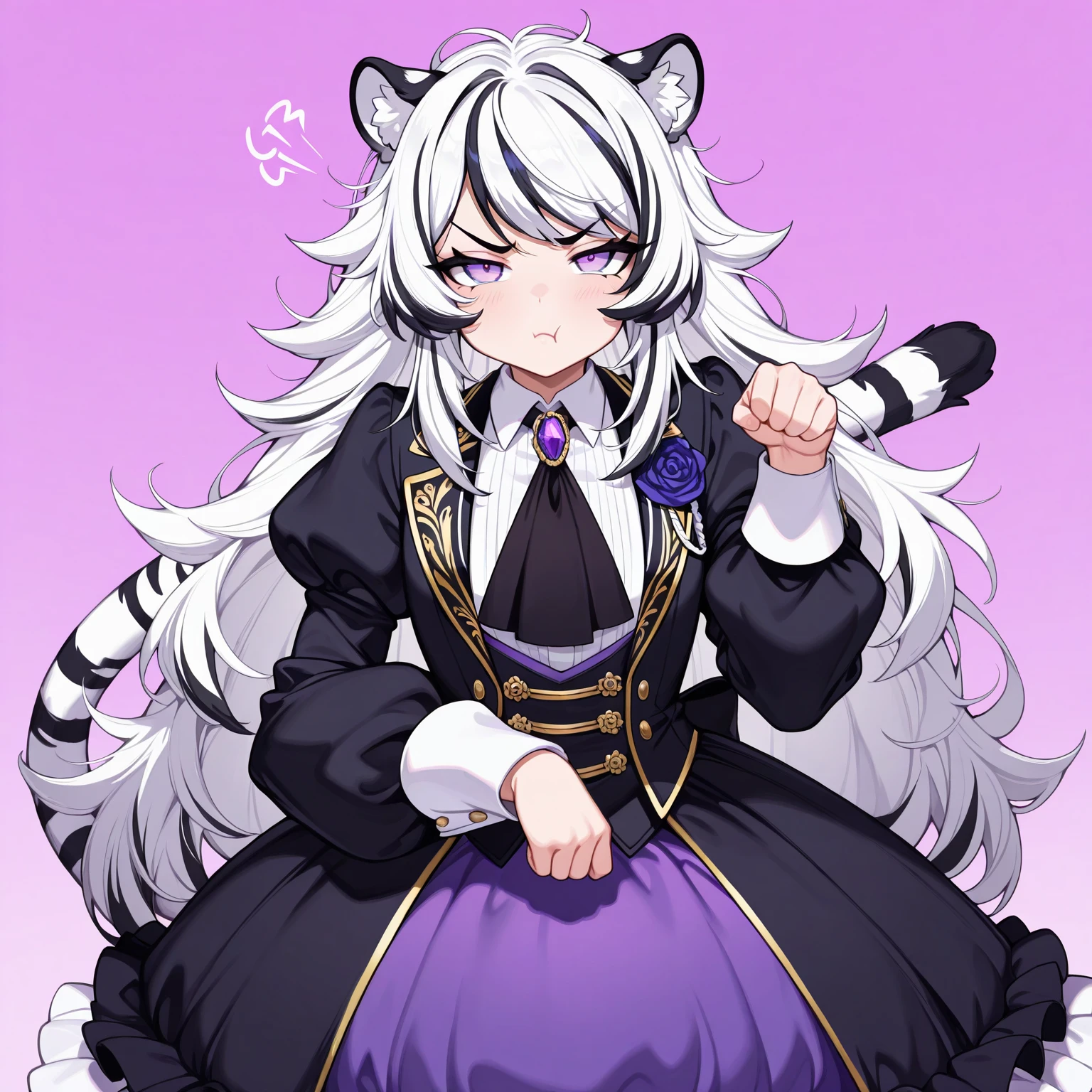 1girl, solo! long hair, white hair, black hair, multicolored hair, white tiger ears, white tiger tail, pinkish purple eyes, half-lidded eyes, angry, closed mouth, puffy dress, oversize sleeves, puffy sleeves, pout, looking at viewer, front view, messy hair, Tanaris, Aristocrat, paw pose,