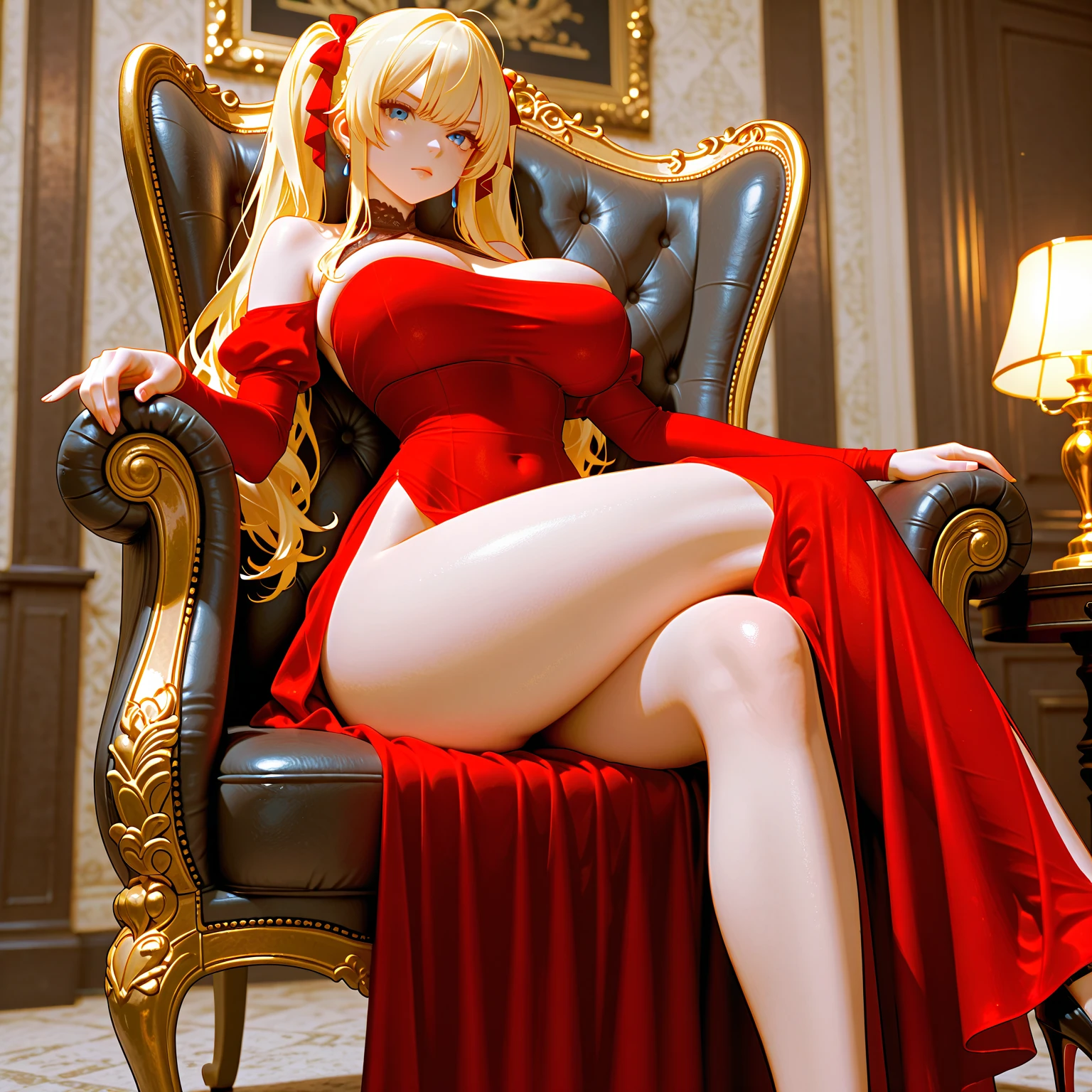 high stature, long hair light chestnut tone, big and almond eyes, intense green eyes, slender and elegant figure, she wears a elegant red dress, red elegant shoes, big . Full body. Garden in the night background