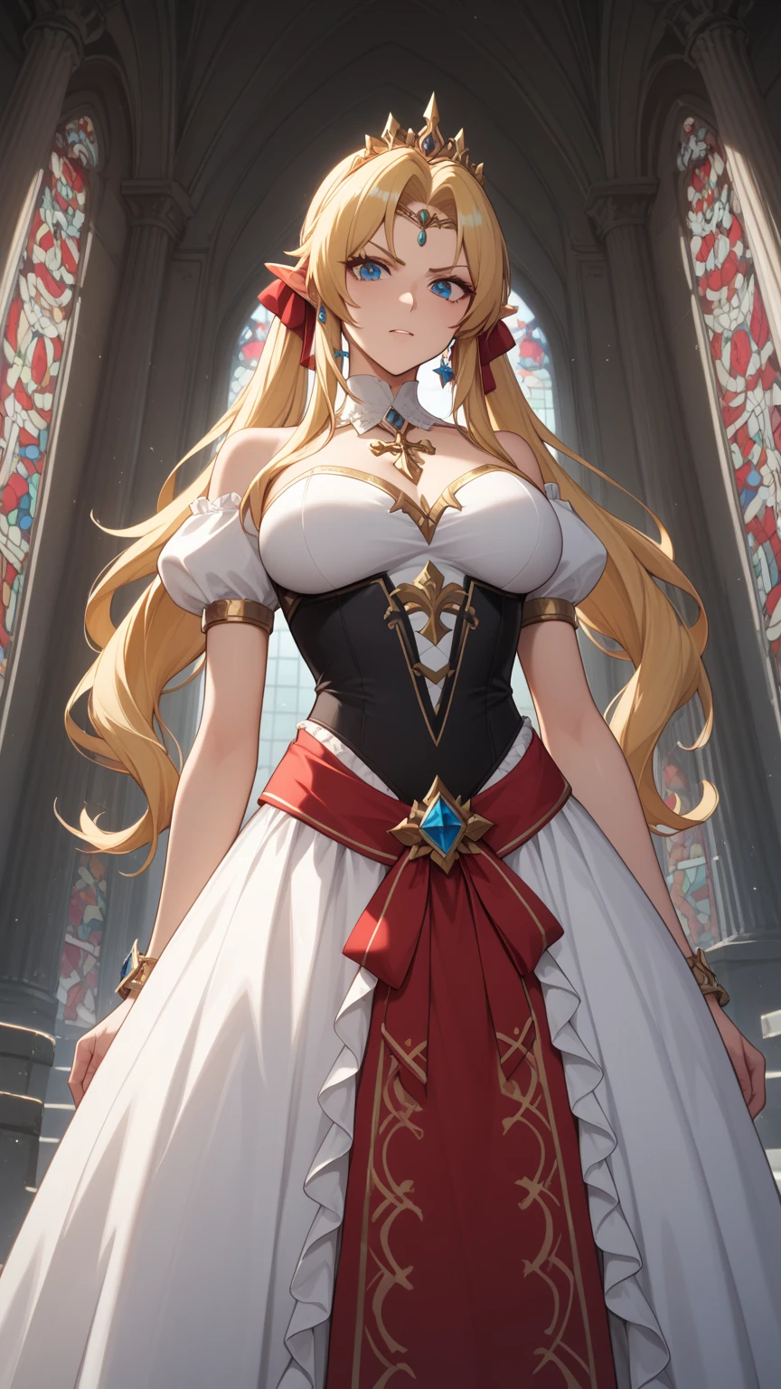 masterpiece,8K,A woman with big tits,Gorgeous woman,transparent,Long blond hair,big hair,((hime cut)),Gorgeous jewelry,Crystal Hair Accessories,Cleavage,pubic,In front of the altar of the majestic church、(Blurred background)、Brighter light,(Elegant gloss)、Lots of ribbons、((Puffy sleeves))、Long cuffs,((Clothing hollowing out)),White embroidery、Five fingers、red cheeks,