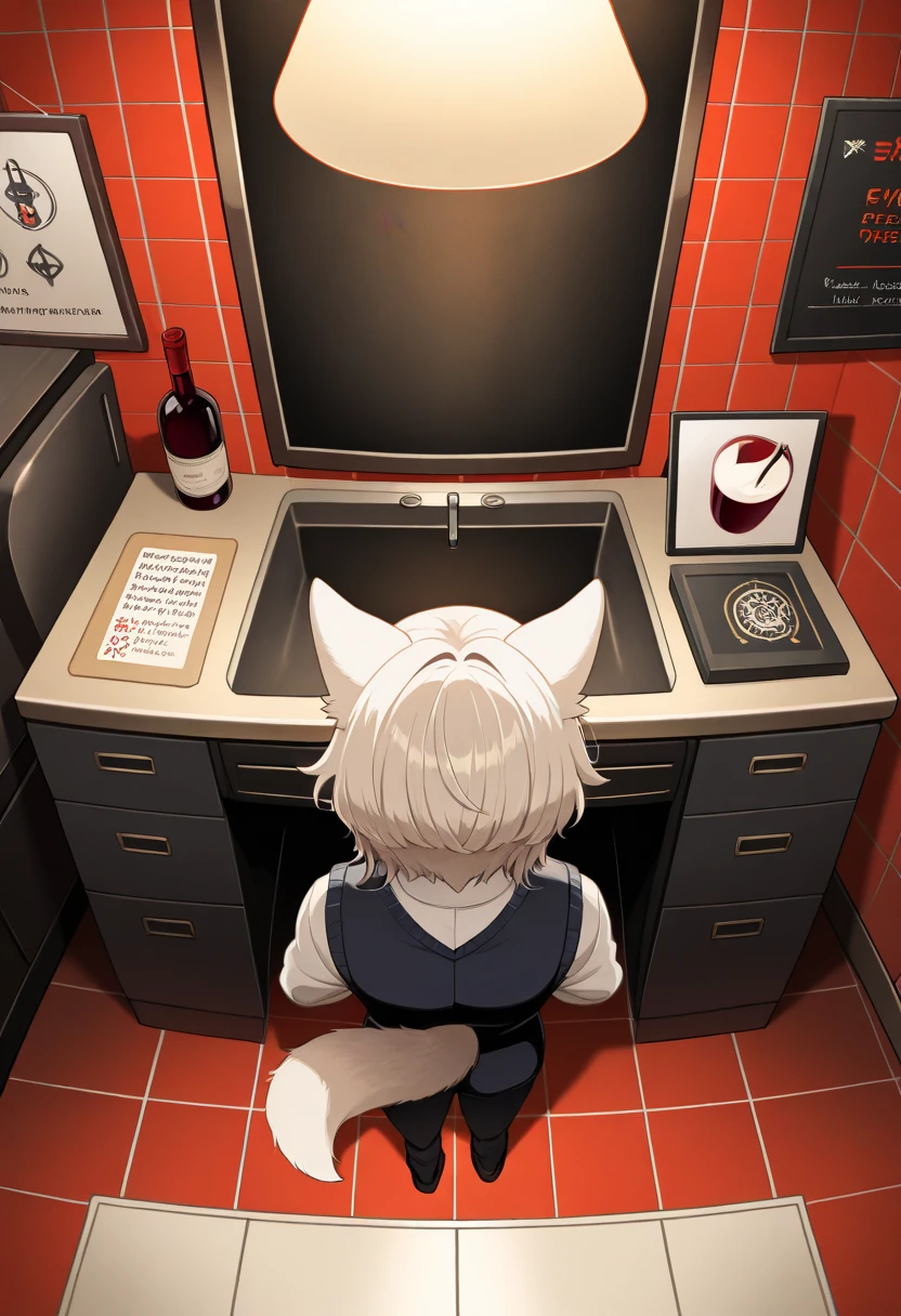 Two male Furry white cat crying and black wolf angry wolf destroy a TV in dining hall