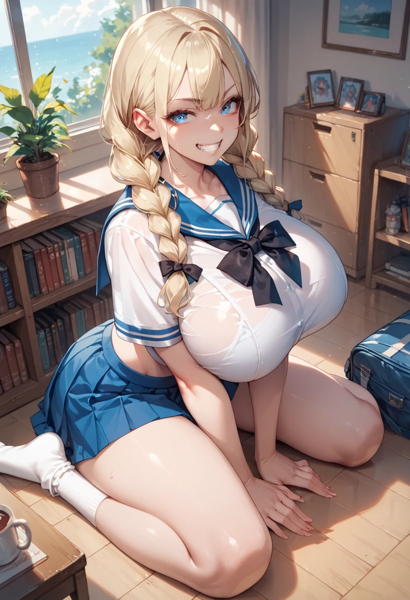 (masterpiece:1.2、Highest quality、Tmasterpiece)、1 female、alone、classroom、Day、stand、blonde、ponytail、Beautiful eyes、break、(Navy blue sailor suit:1.4)、(Dark Skin:1.4)、Big Breasts、pantyhose、Place your hands behind your head、corset、Hoop Earrings、lipstick、Sweaty、Ring Choker、Scrunchie、blush、Covered breasts、Bangs braids、(Thick lips:1.2),(Very short mini skirt:1.5),(Phone:1.5),(smartphone),(Belly button exposed:1.2),(Belly piercing:1.3),(Protruding nipples:1.3)