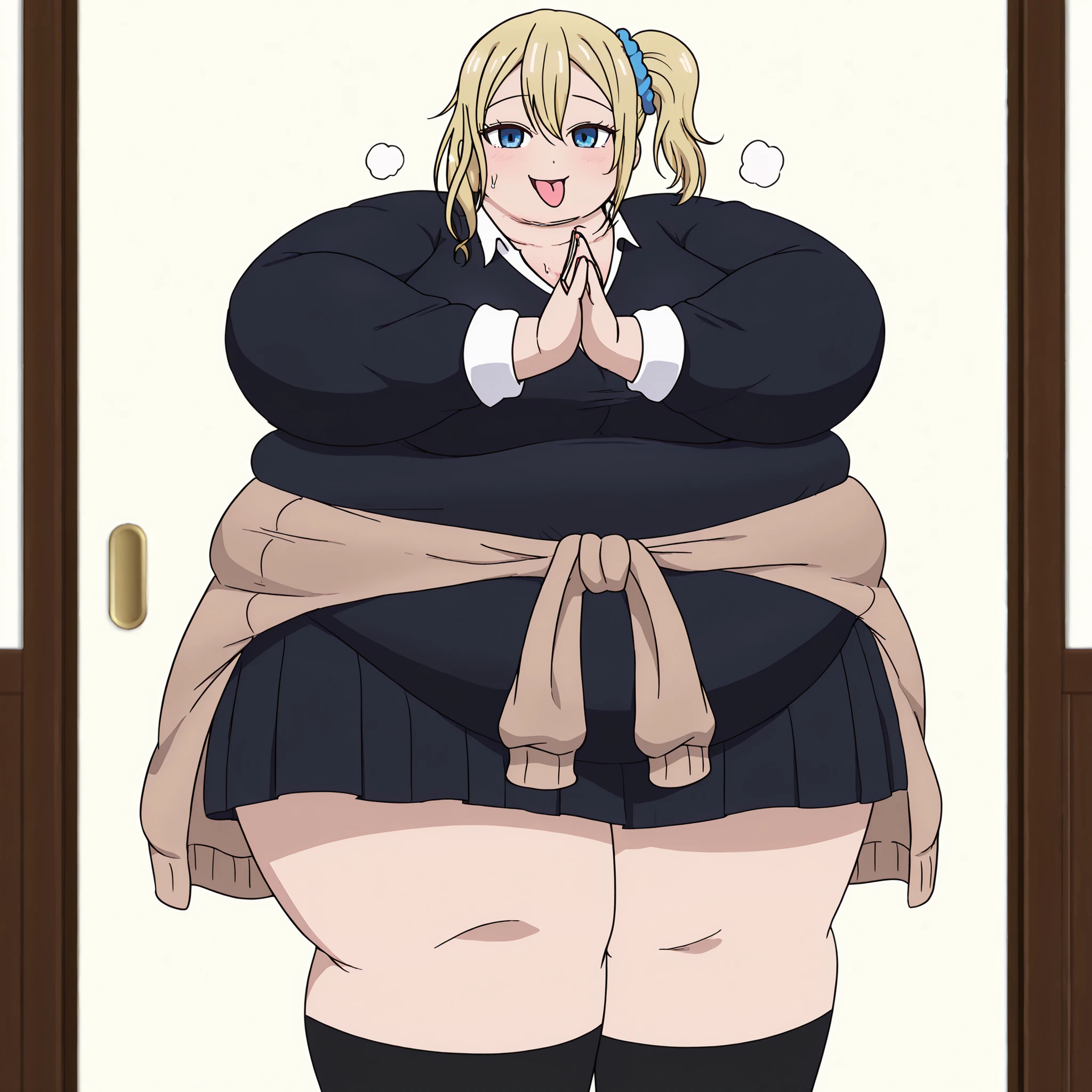 1girl, top-heavy figure, ((((incredibly big chest)))), ((((big tits)))), (((saggy chest))), pout, embarassed, wide, (((obese))), (((fat))), ((love handles)), double chin, out of shape, obese, fatty, tall woman, (milf), big height, mature, standing, full body, bbw, ssbbw,, Hyasaka Ai, blonde hair, blue eyes, very long hair, pleated skirt, white shirt, blue skirt
